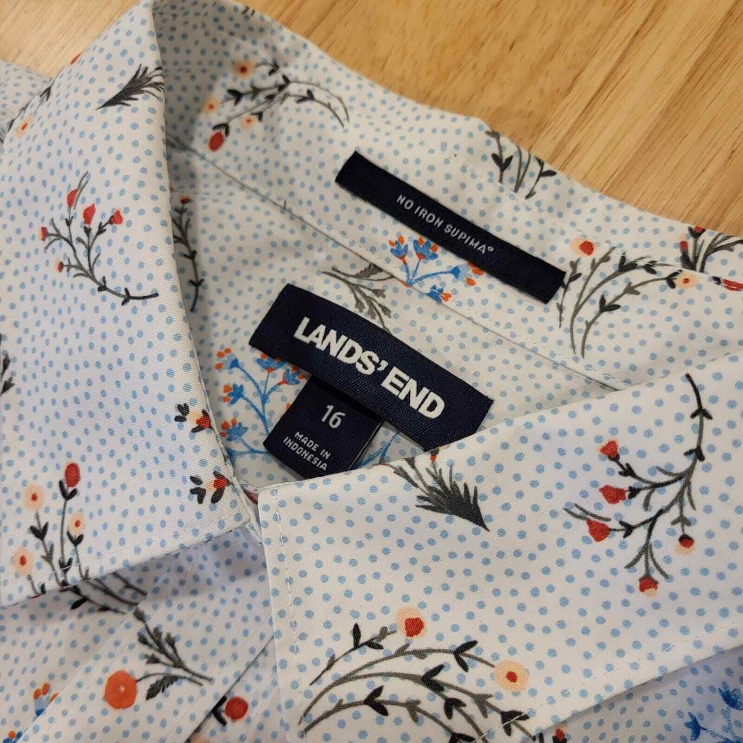 Floral Cotton Land's End Women's Button Down Collard Shirt No Iron Supima 16