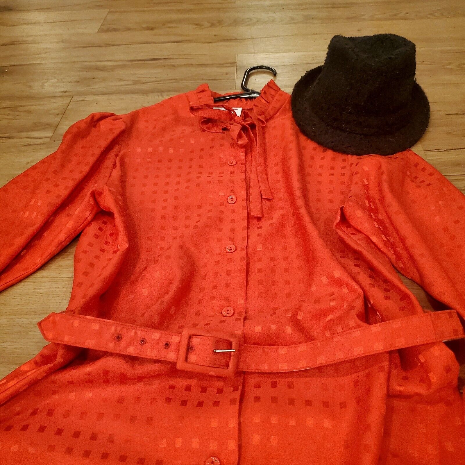 Vintage Red Polyester Shirt Dress Red Check Sateen Ruffle Collar & Cuff Belt