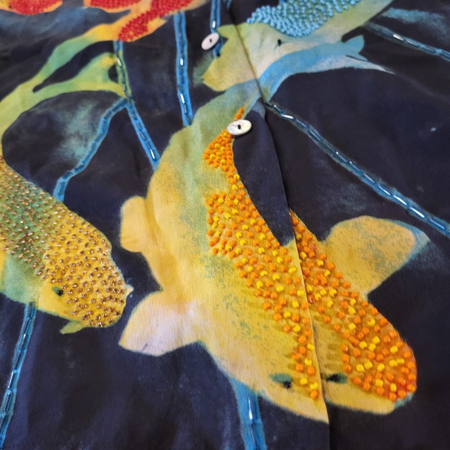 Nicole Taylor 100% Silk Batik Dyed Beaded Koi Fish Blouse  Collared. Button Down