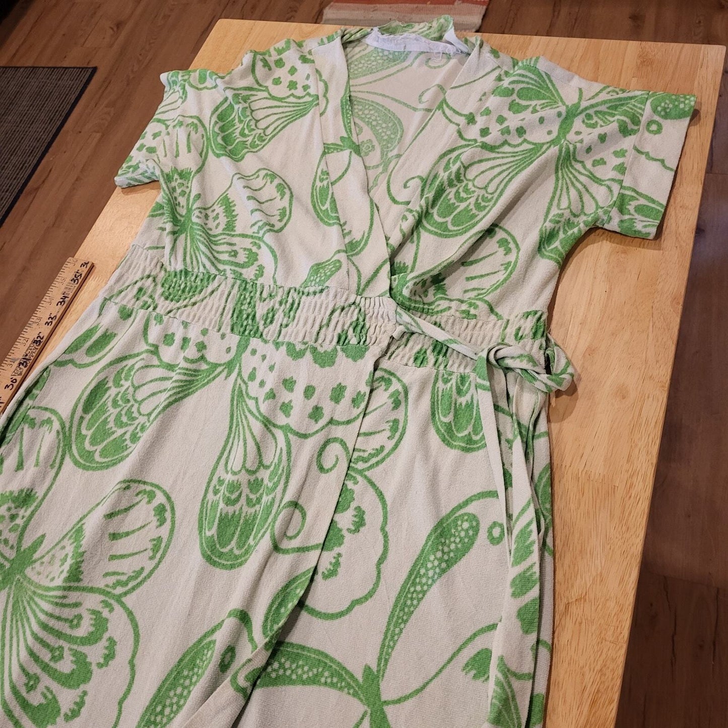 Green Butterfly Terry Dress cover up Summer Swim Short Sleeve Long tie pocket 