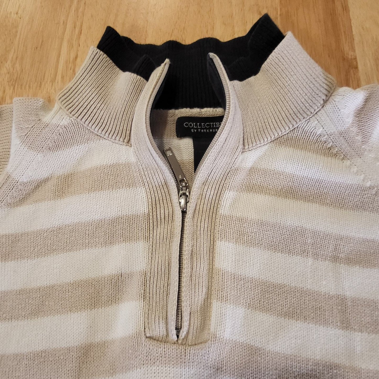 Collectable by Parkhurst Beige White Striped 1/4 Zip Sweater 100% Cotton Large