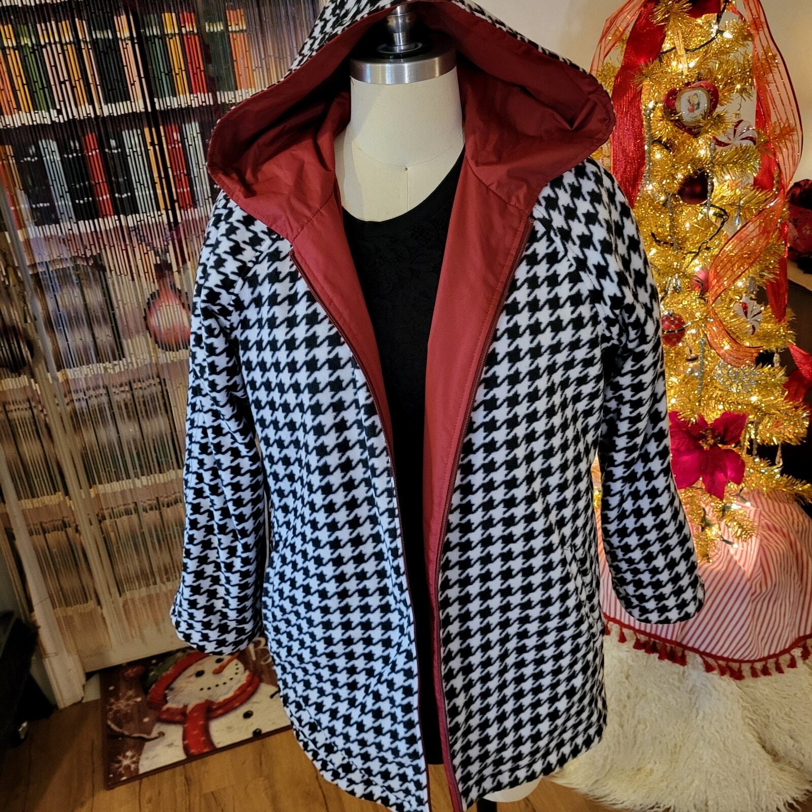Giorgio Morandi Maroon Burgundy Fleece Reversable Houndstooth Rain Coat L