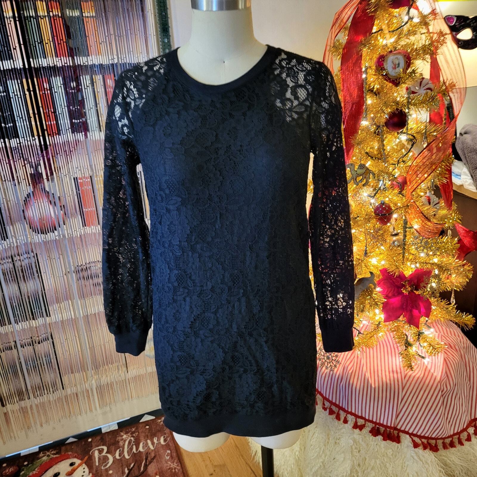 BCBG Black Lace Sweatshirt Dress Tank Under Long Sleeve Small 19" P2P 