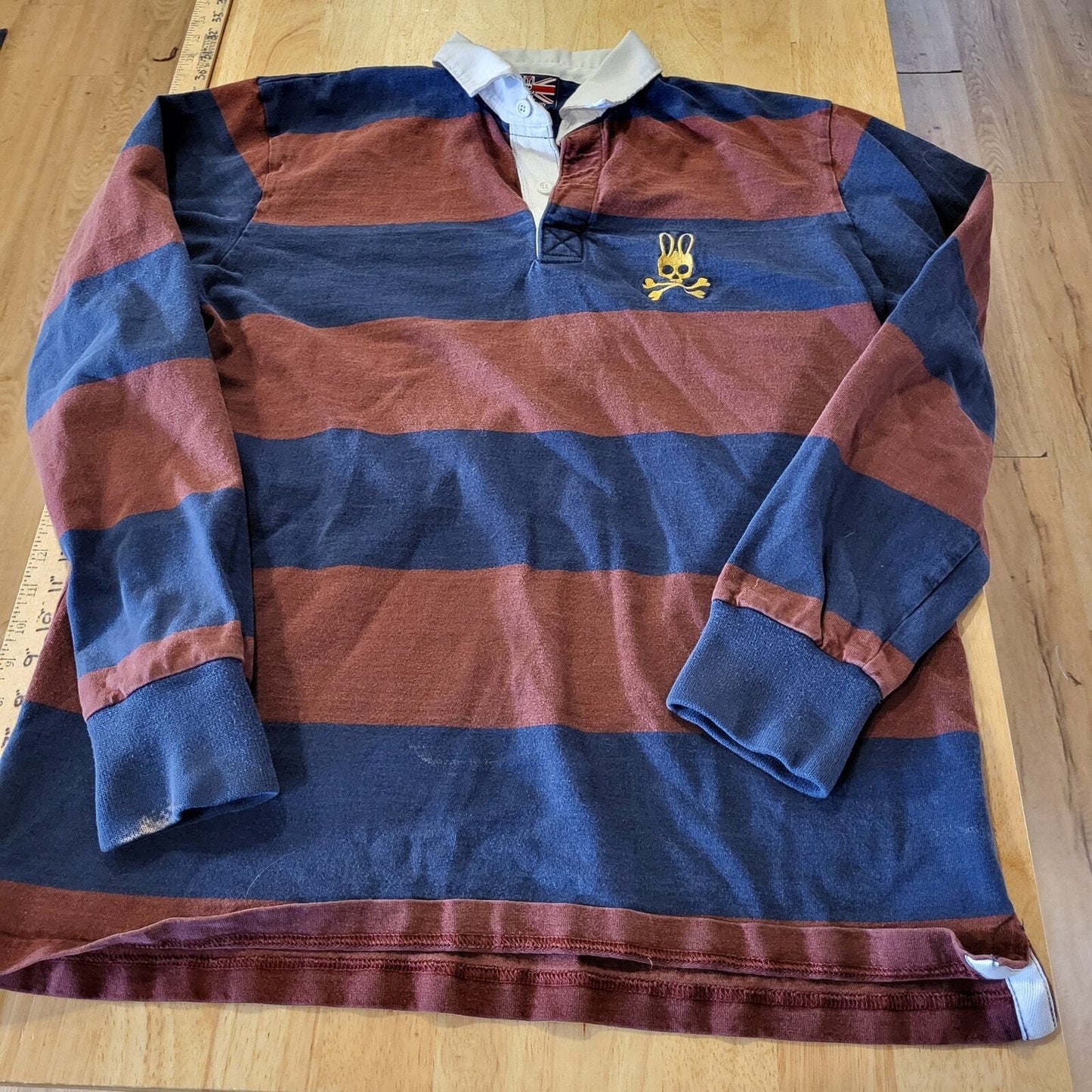 Psycho Bunny Maroon & Blue Rugby Shirt White Collar Logo (see bleach marks) 