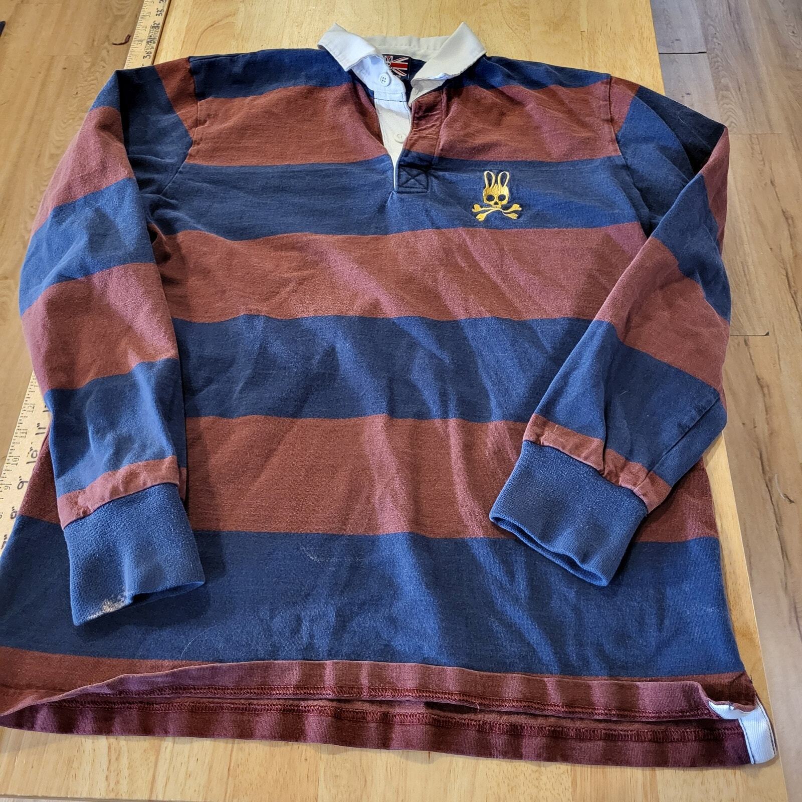 Psycho Bunny Maroon & Blue Rugby Shirt White Collar Logo (see bleach marks) 