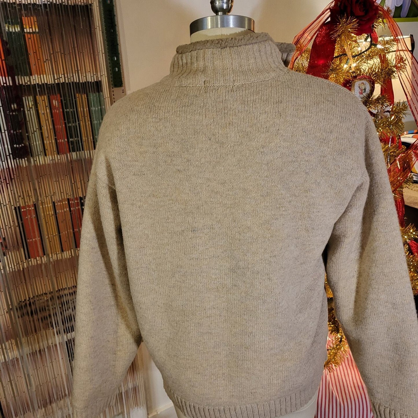 L. L. Bean Beige Wool Full Zip Fleece Lined Sweater  Medium See Photo for hole