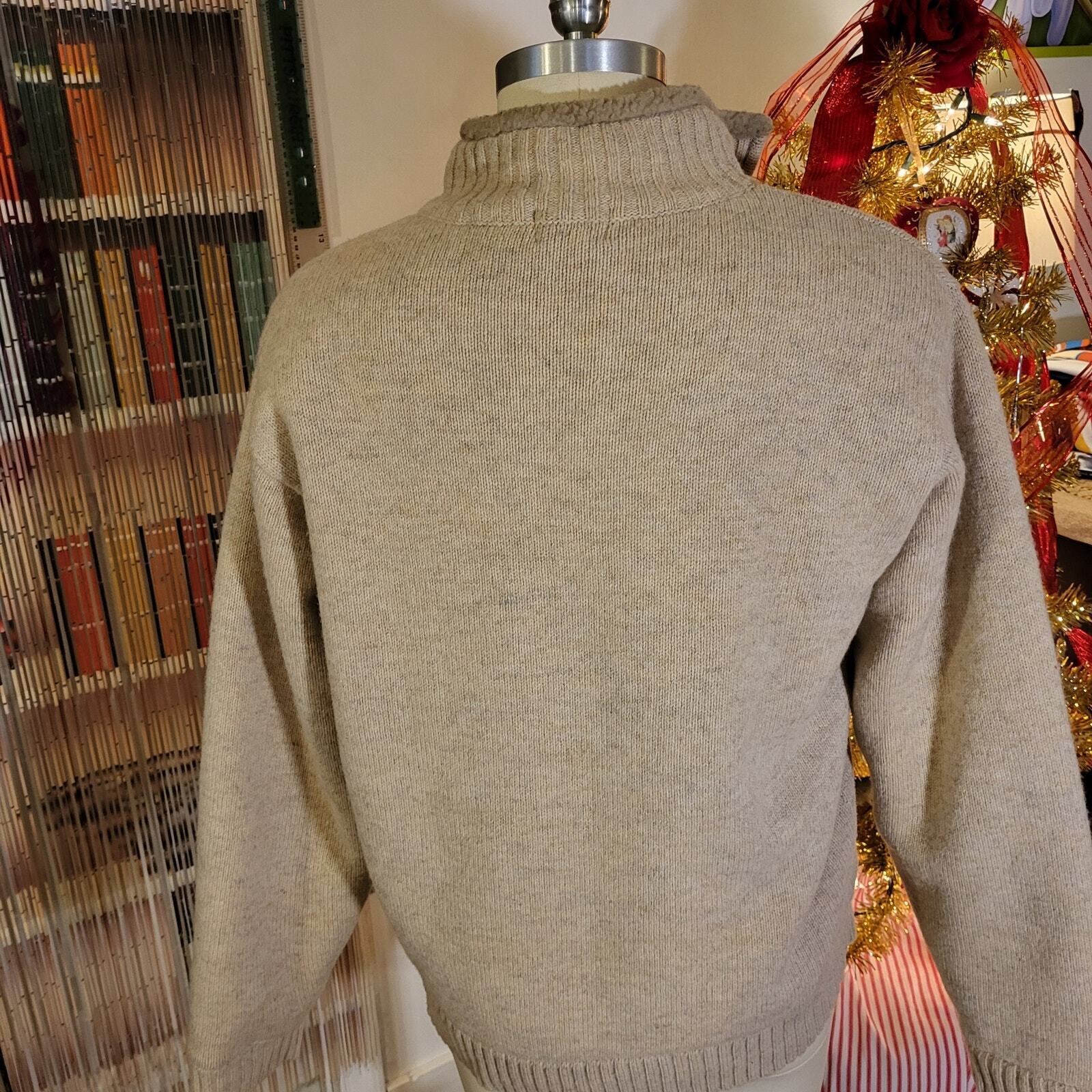 L. L. Bean Beige Wool Full Zip Fleece Lined Sweater  Medium See Photo for hole