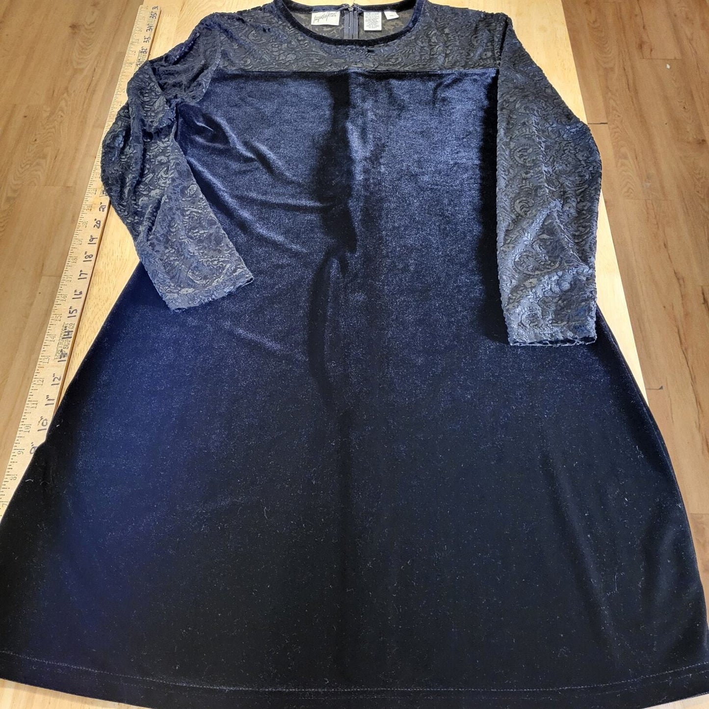 Jacqueline Ferrar Vintage Black Velvet Dress Burnout Lace Sheer Top Long Sleeve 