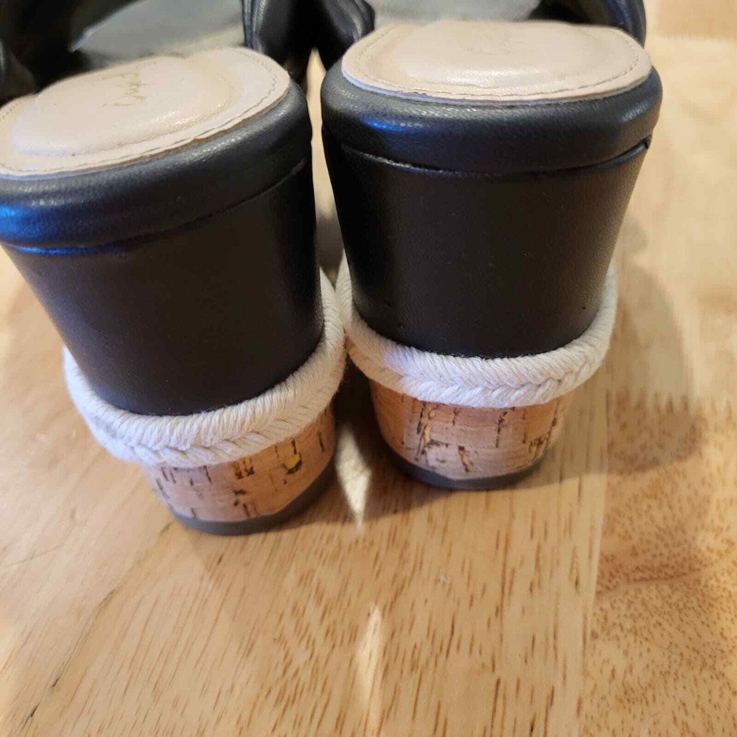 Black Crossover Faux Leather Cork Wedges White Detail 9" Size 6.5