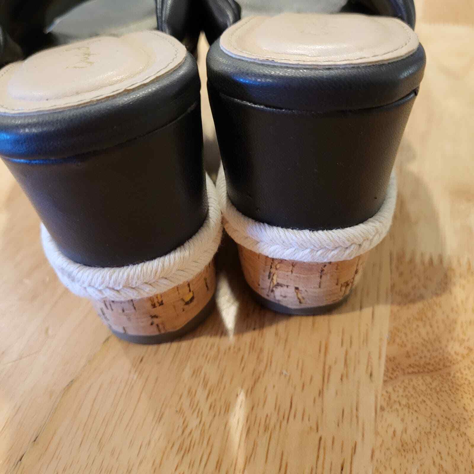 Black Crossover Faux Leather Cork Wedges White Detail 9" Size 6.5