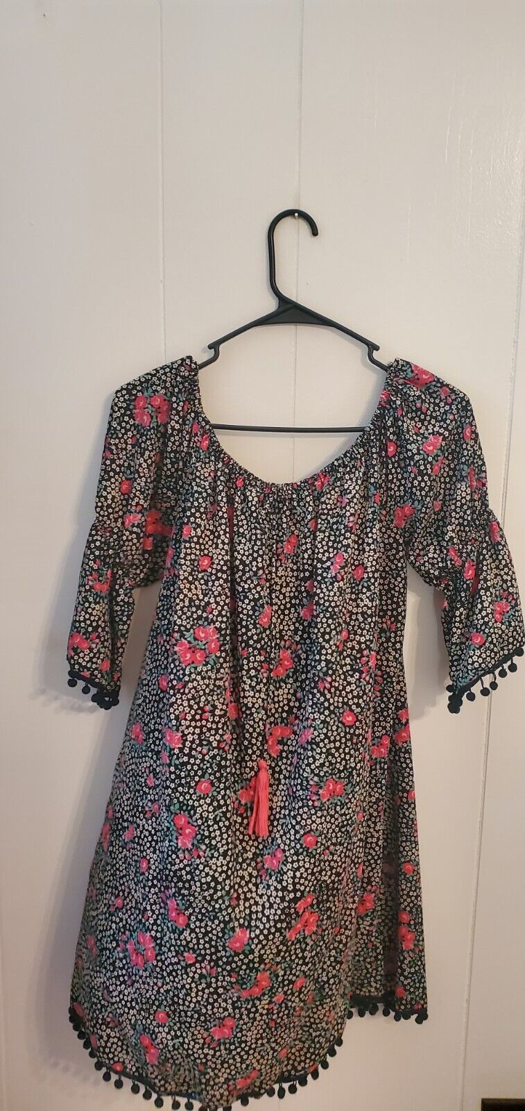 Floral dress Size Large Black & Pink Pom Pom Hem A-line Off The Shoulder Elastic