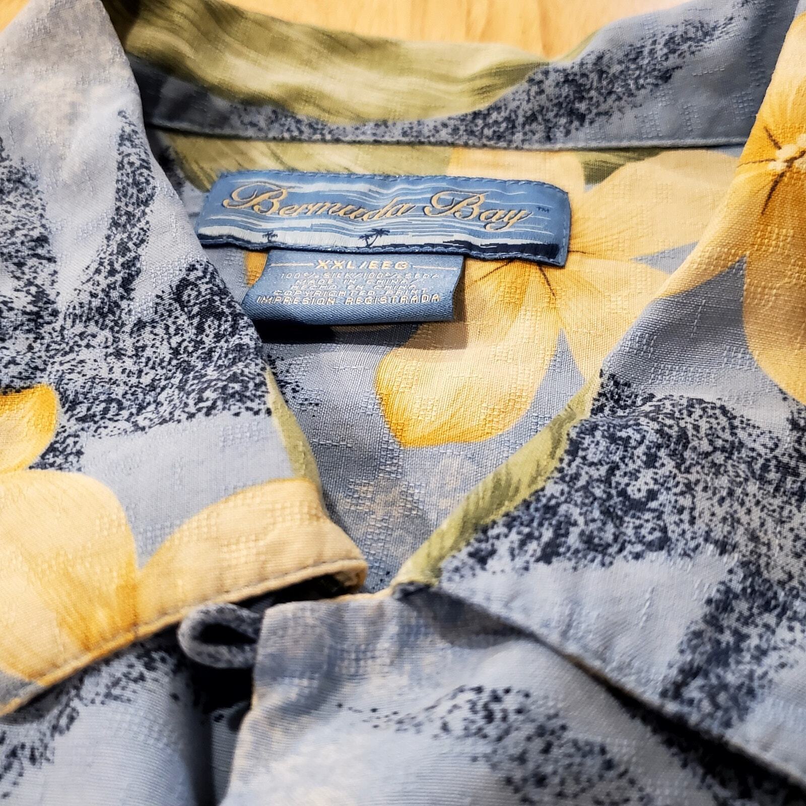 Bermuda Bay 100% Silk XXL Hawaiian Print Button Down Yellow Blue Floral 
