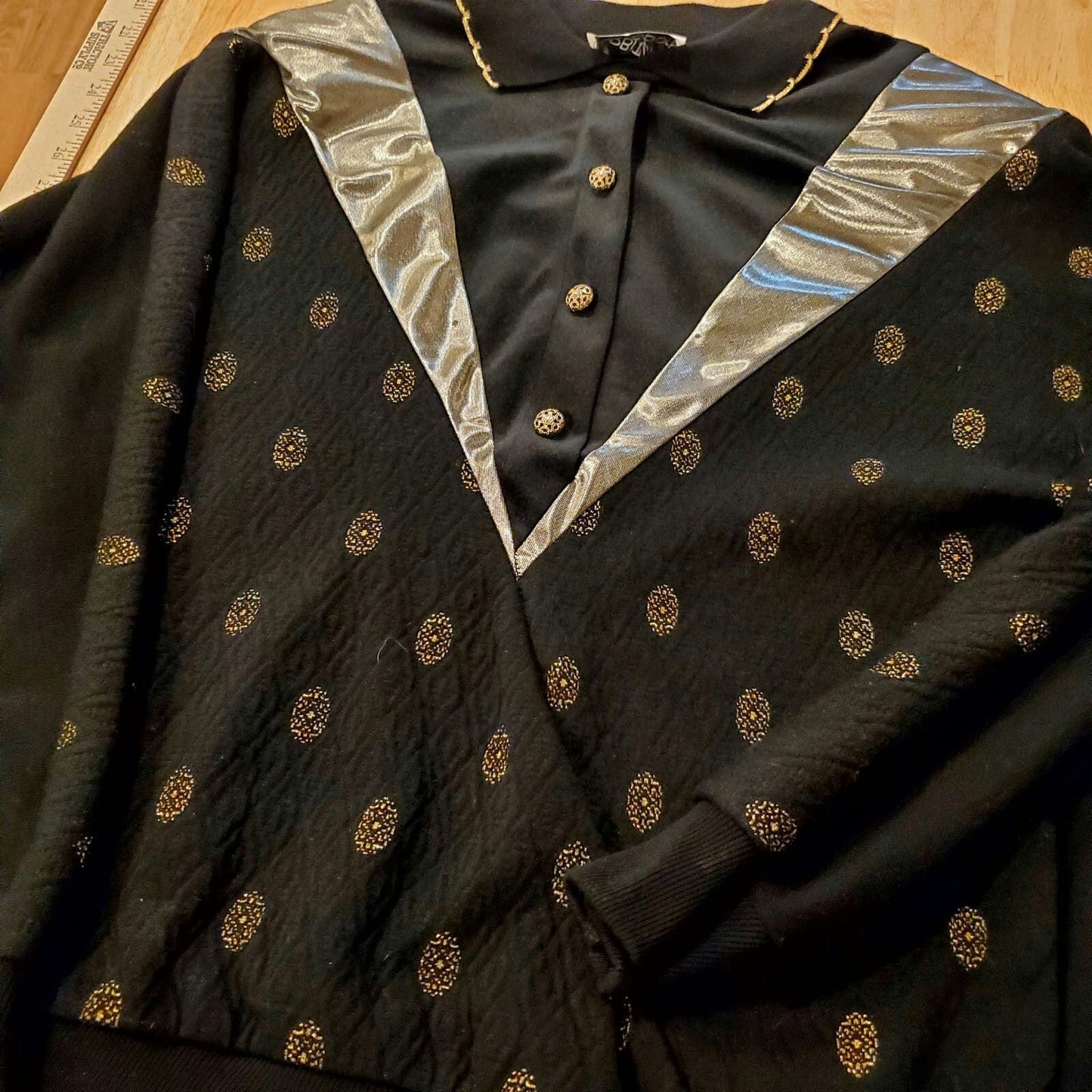 Vintage Black Collard Top Gold Lame Metallic 80's Sweatshirt Long Sleeve 