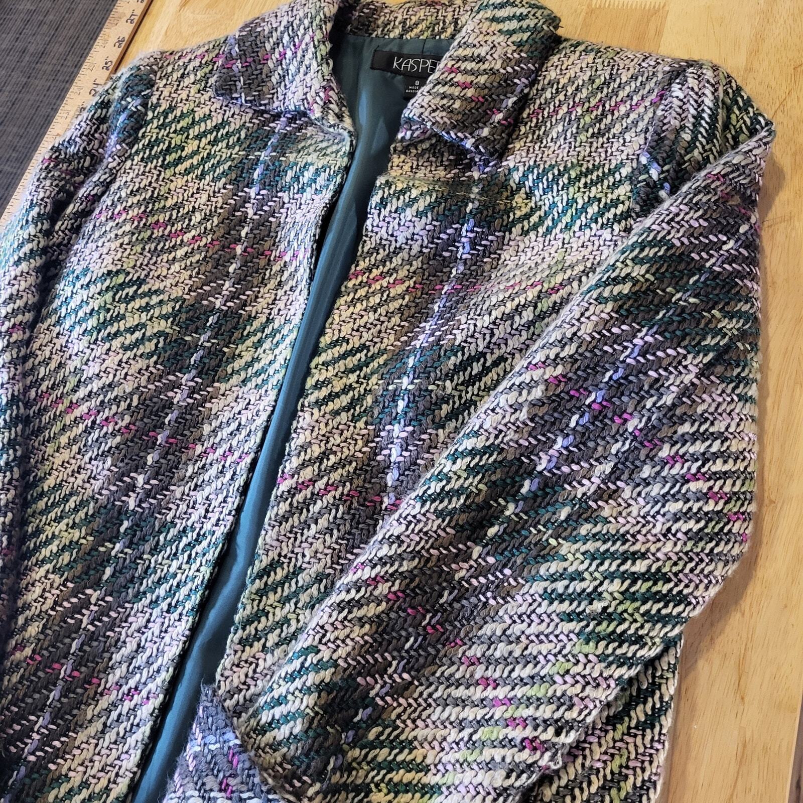 Kasper Pink & Green Short Coat Collared Size 8 Tweed Plaid Cuff 