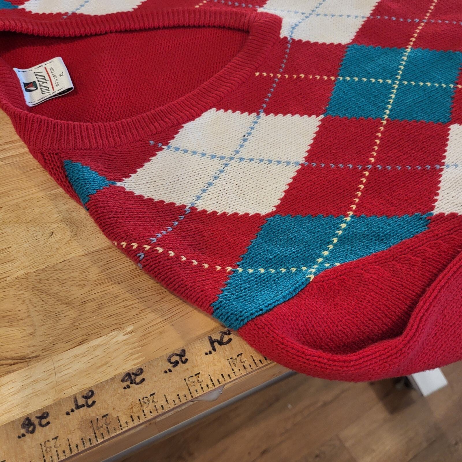 Vintage Argyle 100% Cotton Red White & Green Gold Norsport Lonng Sleeve Sweater 