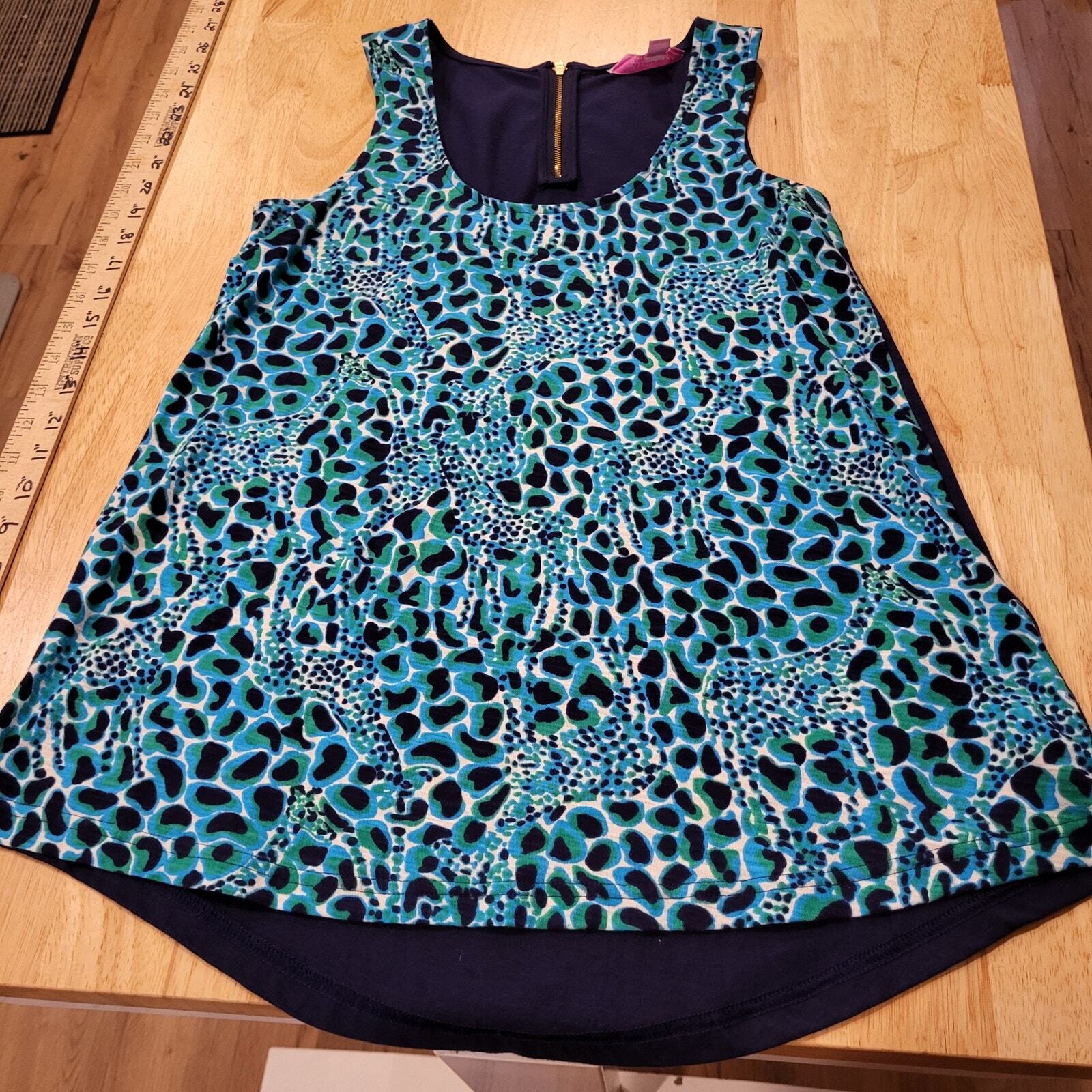 Lilly Pulitzer Blue Animal Print Giraffe Tank Contrast Back Gold Zipper xs