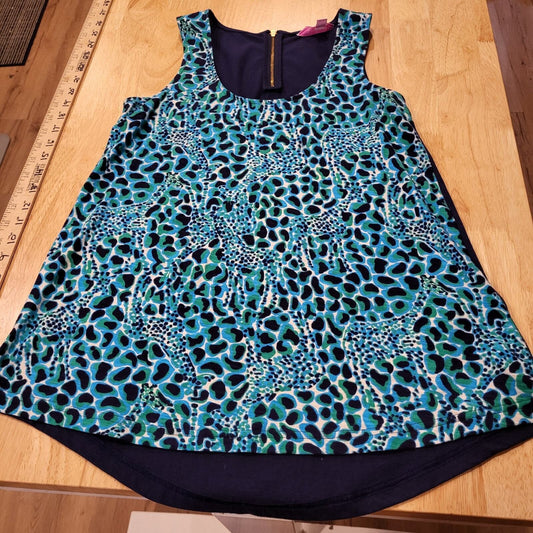 Lilly Pulitzer Blue Animal Print Giraffe Tank Contrast Back Gold Zipper xs