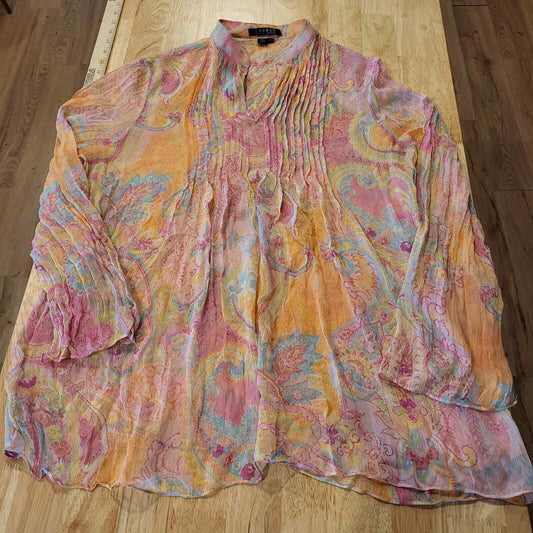 Women's Lauren By Ralph Lauren  100% Silk Pleated Front Mandarin Collar Chiffon 