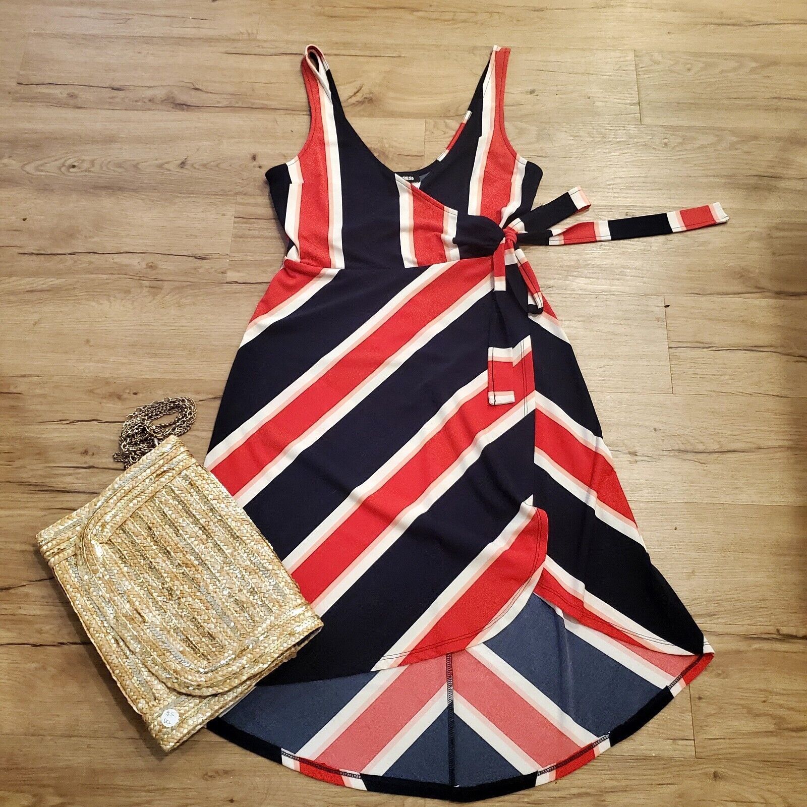 Express Red White & Blue Stripe Wrap Style Dress Small Knee Sleeveless Jersey 