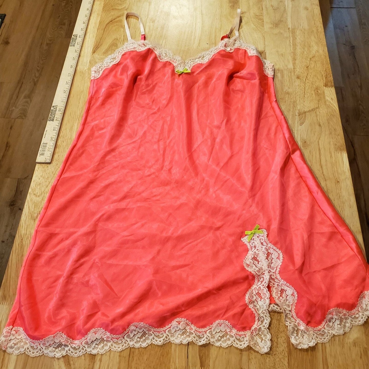 Victoria's Secret Neon Pink Spaghetti Strap White Lace Trim Slip Dress Small