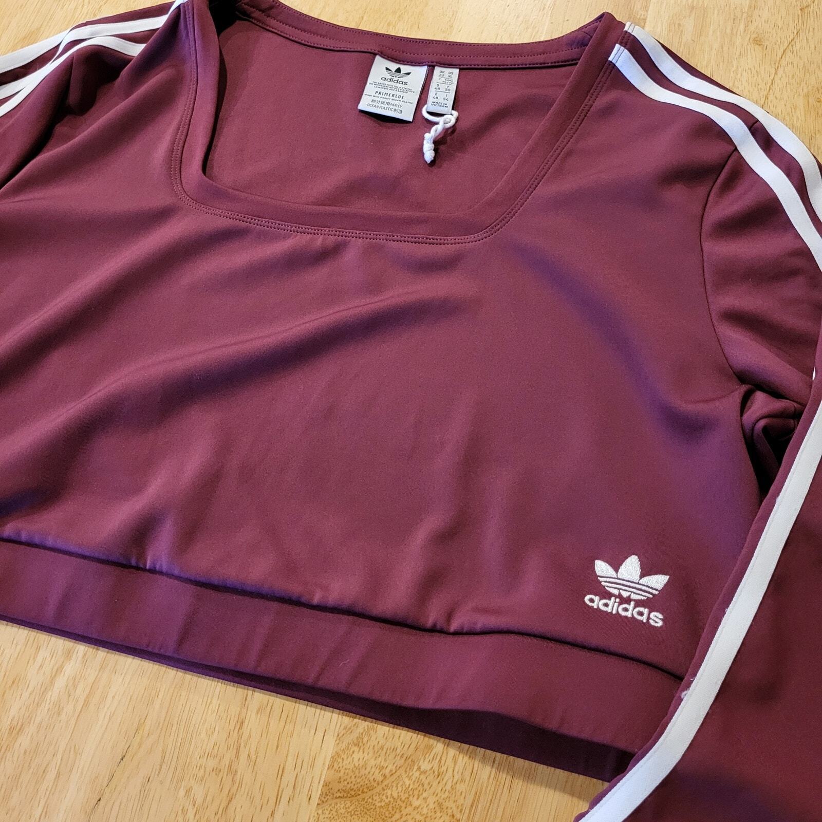 Adidas Originals Maroon Burgandy Long Sleeve Cropped Top Arm Stripe Stretch XL