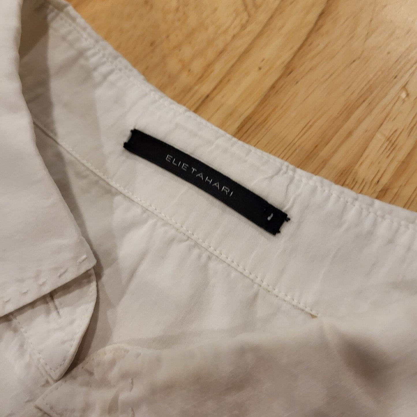 Tahari White Cotton Blouse Pleated Lattice Hem Button Detail 19" P2P