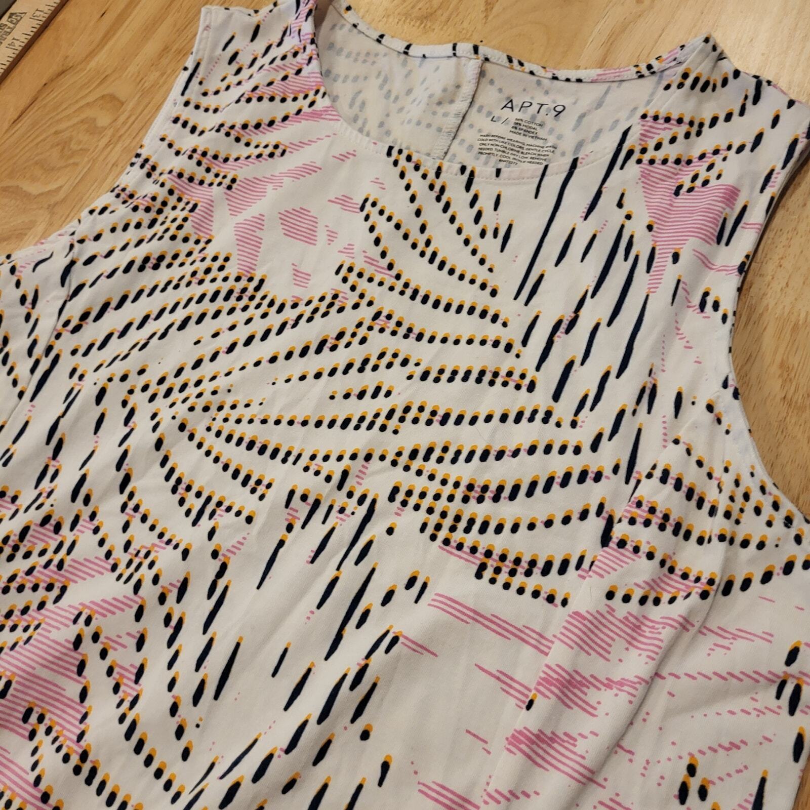 Soft Knit Abstract Botanical Pink & Blue Tank T-shirt Midi Dress Large 