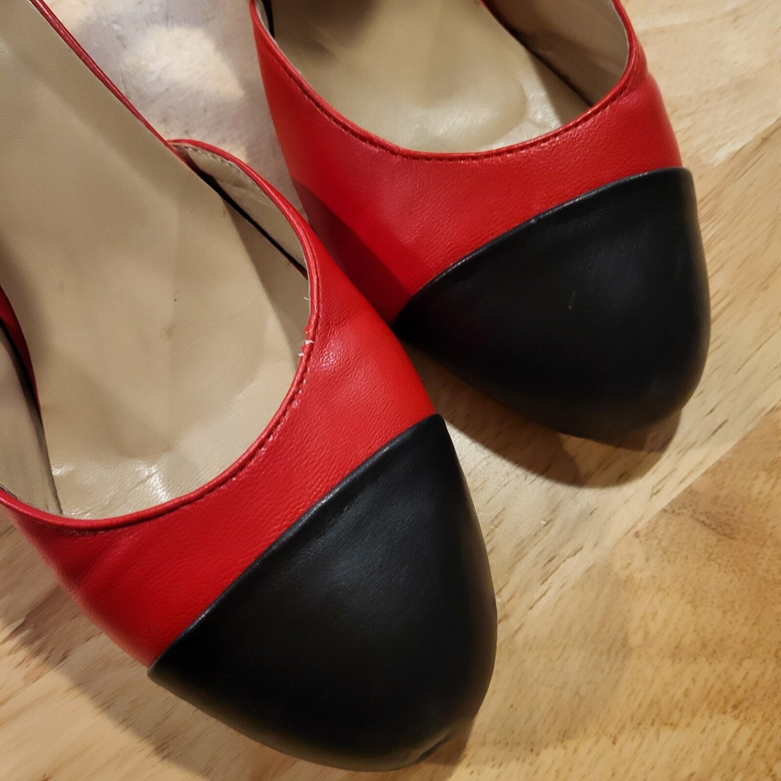FSJ Red & Black Sling Back 1.5" Block Heel Strappy Round Toe Dance size 9 10"
