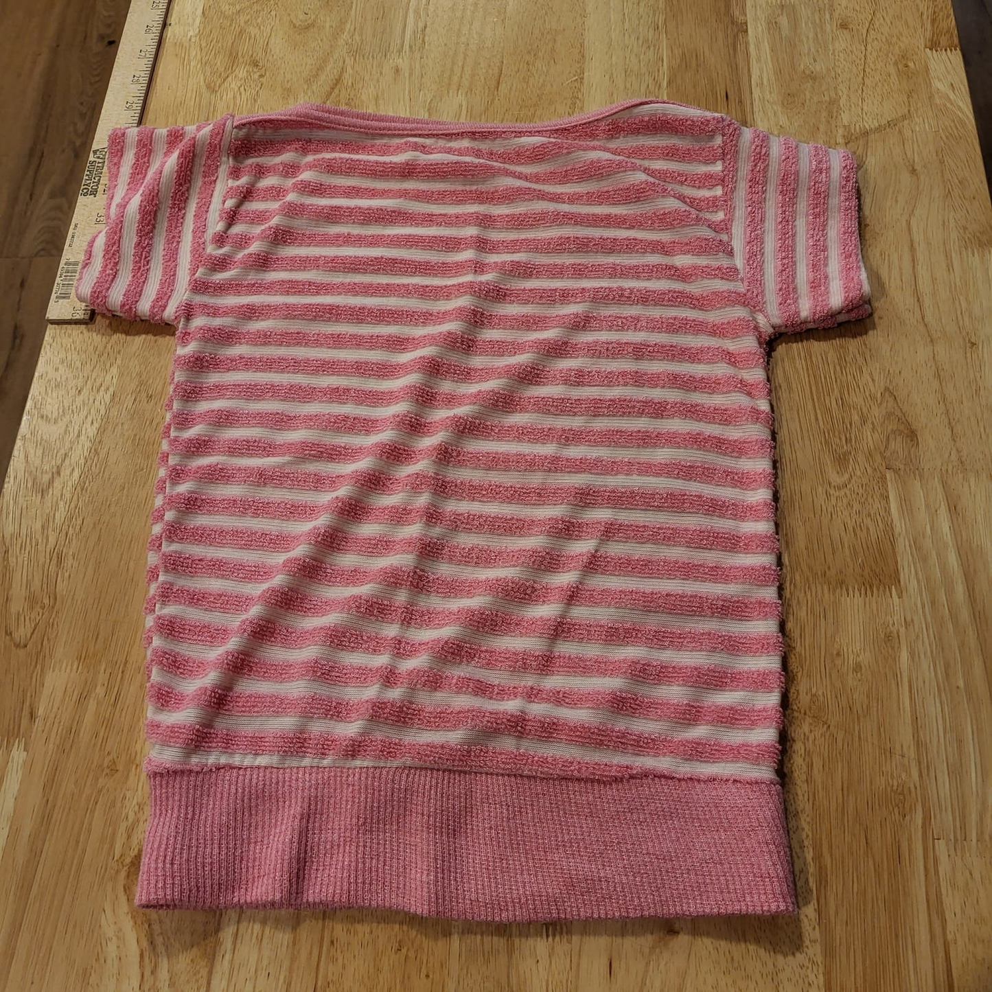 Vintage Pink Striped Terry Cloth Top Cap Sleeve Elastic Waist 15" Pit 2 Pit