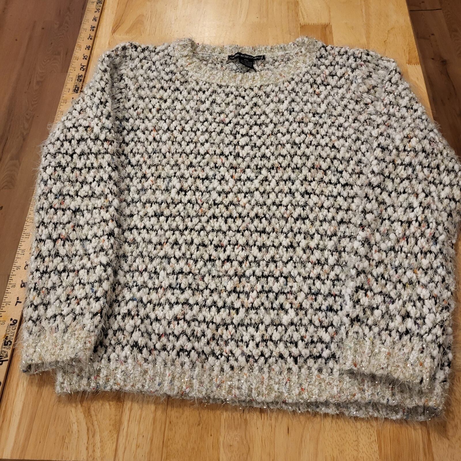 Lauren Michelle Petite PXL Chunky Metallic Knit Sweater Silver Black White
