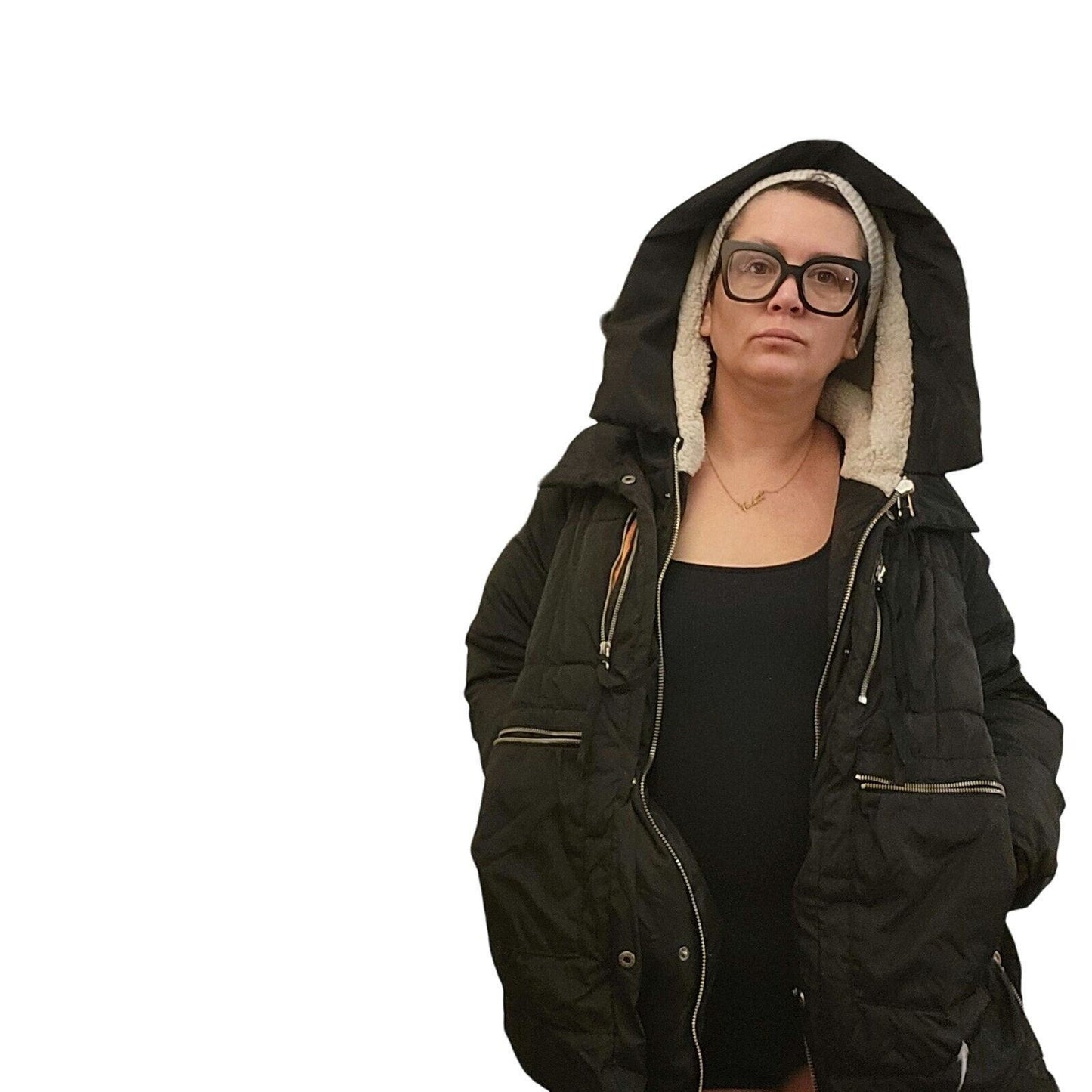 Viral Black Hooded Puffer Coat Orange Lining Silver Zip Pockets Sherling Hood LG