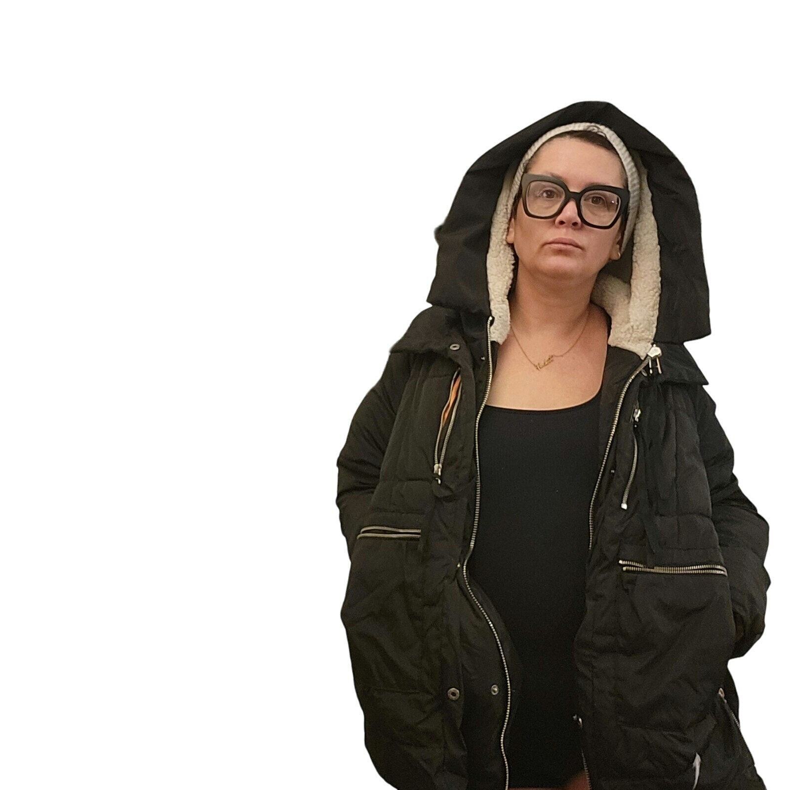Viral Black Hooded Puffer Coat Orange Lining Silver Zip Pockets Sherling Hood LG