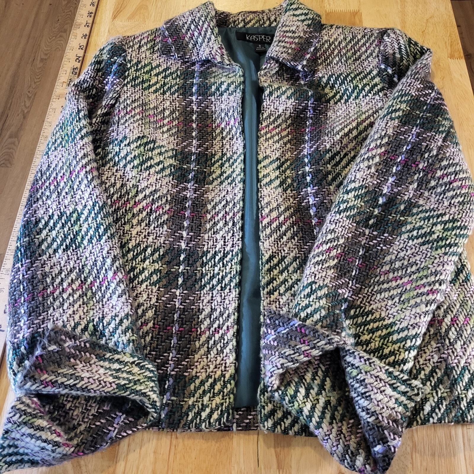 Kasper Pink & Green Short Coat Collared Size 8 Tweed Plaid Cuff 