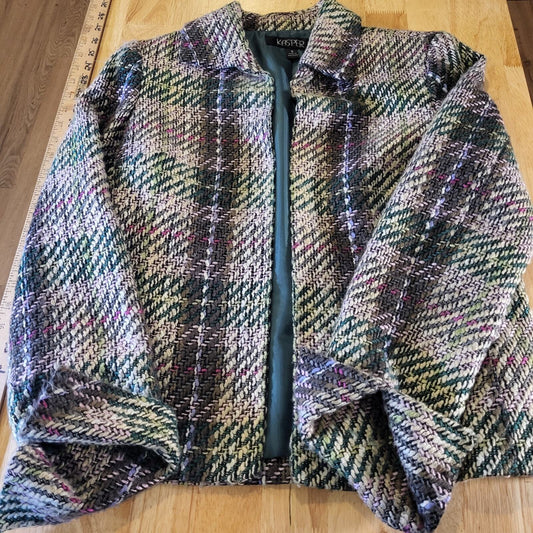 Kasper Pink & Green Short Coat Collared Size 8 Tweed Plaid Cuff 