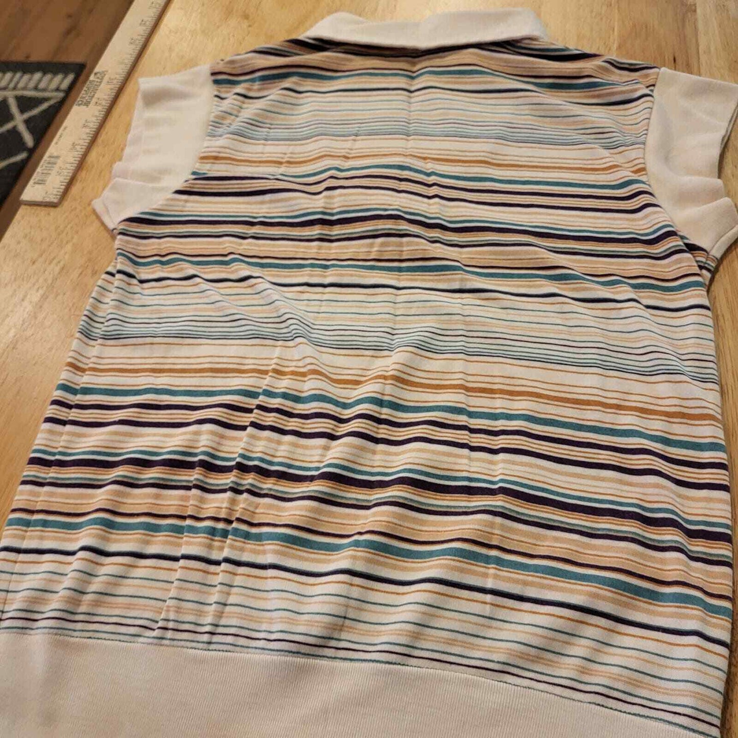 Vintage Pastel & Neutral Striped Collared Cap Sleeve Knit Top Button 