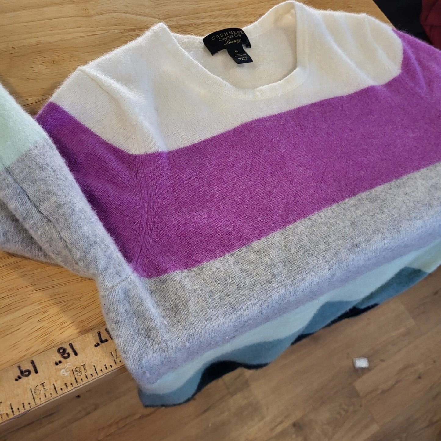 Charter Club Luxury 100% Cashmere Pink & Green Stripe Crew Neck Sweater Medium