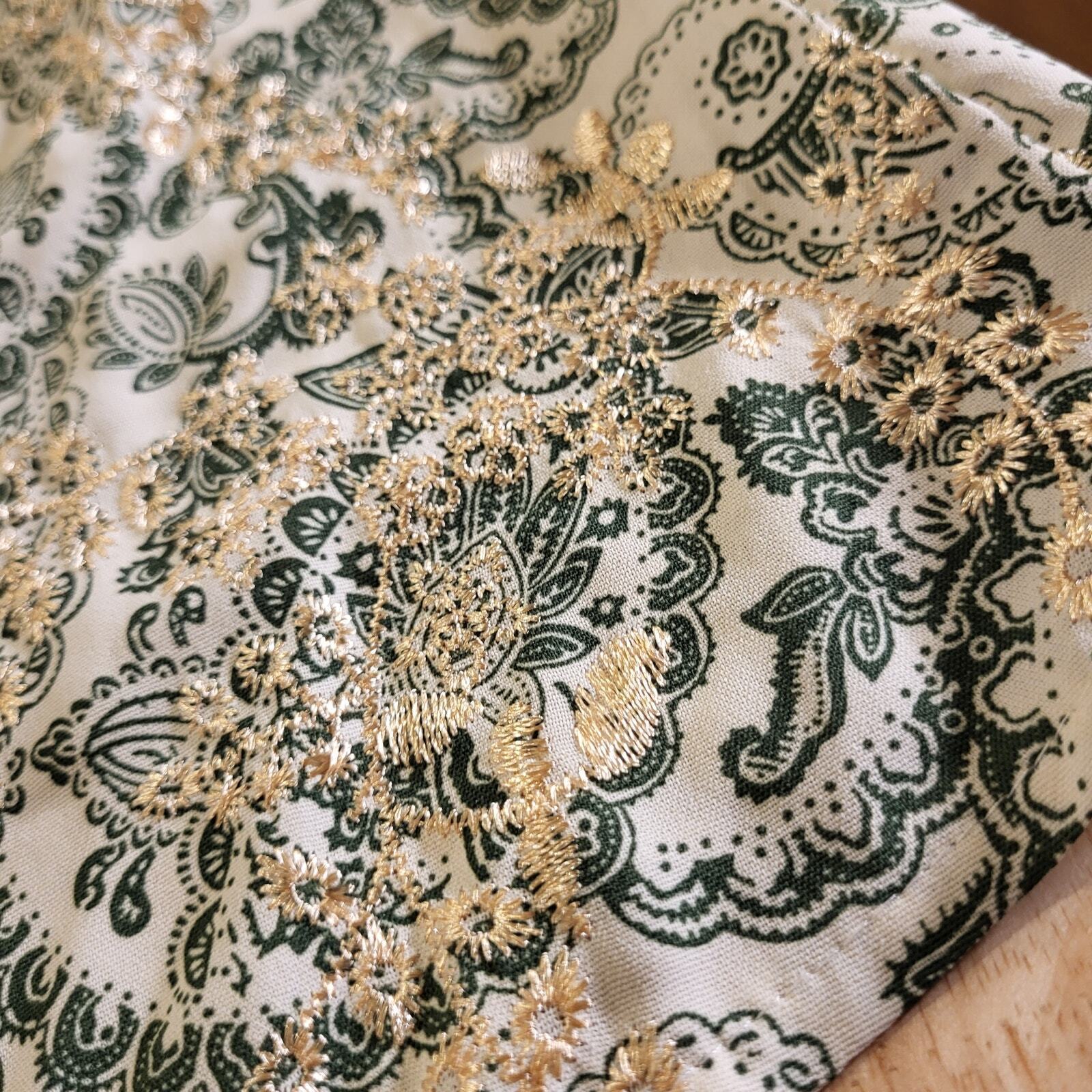 Paisley Green & Cream Ballon Sleeve Blouse All Over Embroidery medium Tassel Tie