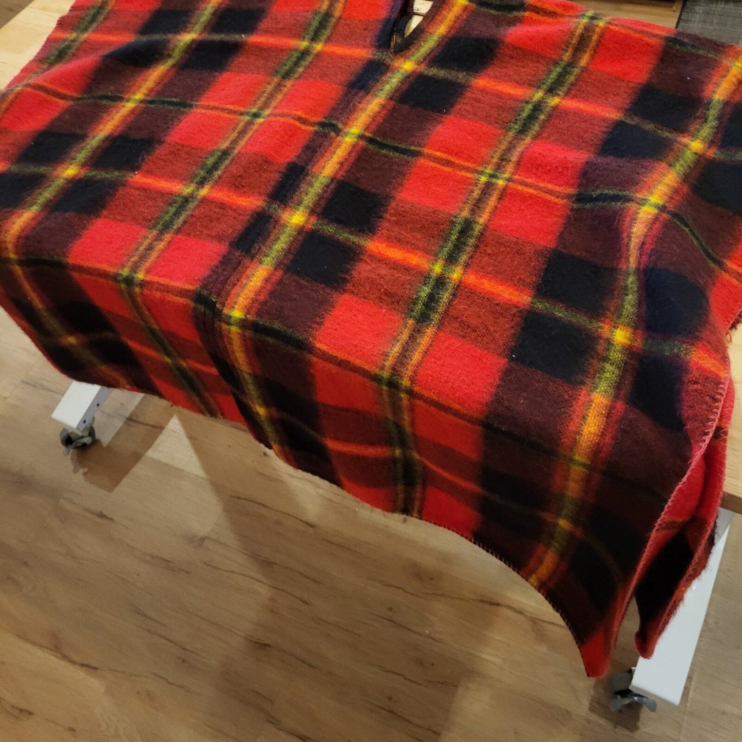 Red Wool Blend Tartan Plaid Poncho Shawl One Size 