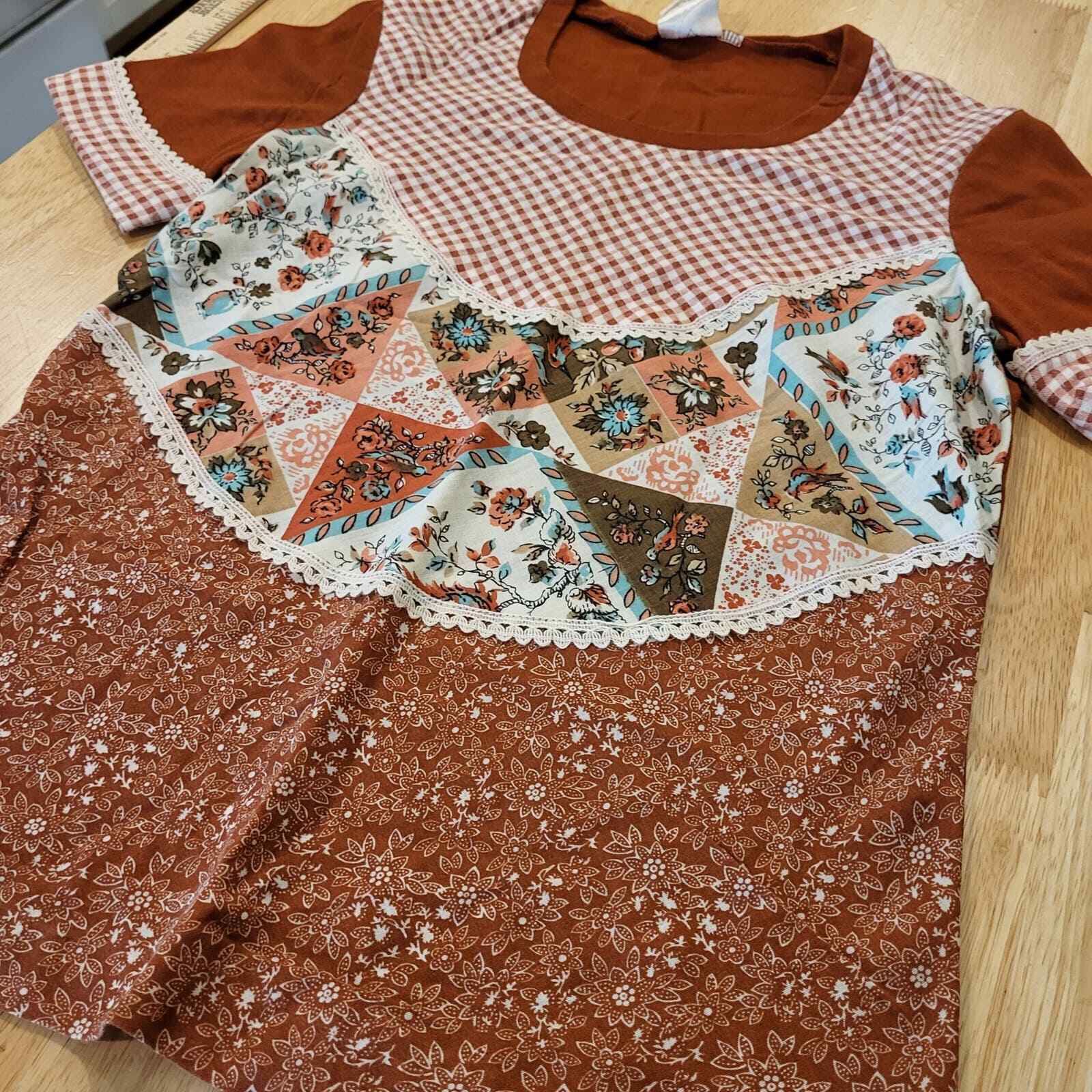 Vintage Jersey patchwork Brown top short sleeve lace trim gingham