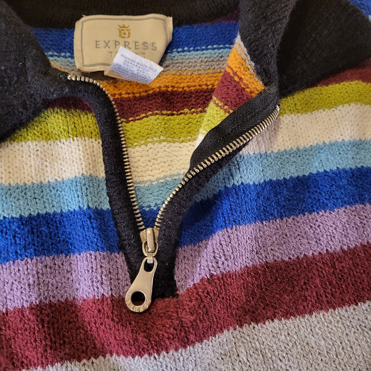 Vintage Express Tricot Knit Striped Collared 1/4 Zip Long Sleeve Sweater Small