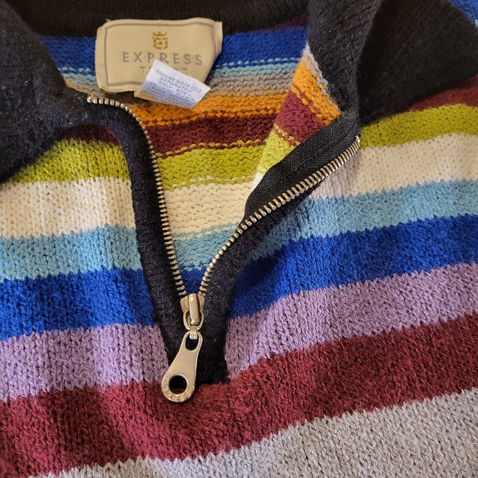 Vintage Express Tricot Knit Striped Collared 1/4 Zip Long Sleeve Sweater Small