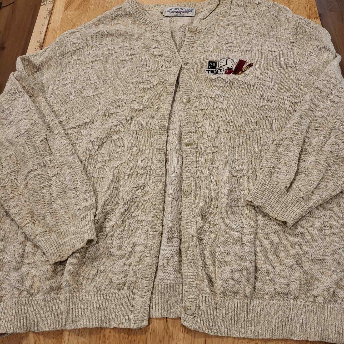 Vintage Sweater School Teacher Theme Embossed ABC 123 Beige Cardigan Large USA