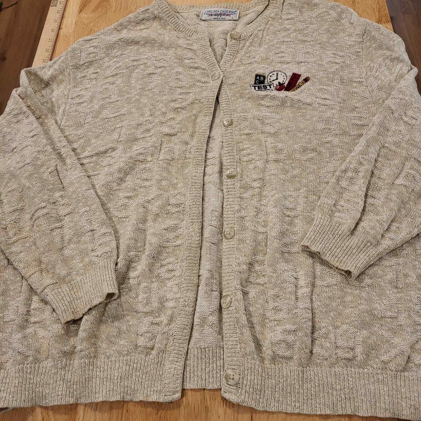Vintage Sweater School Teacher Theme Embossed ABC 123 Beige Cardigan Large USA