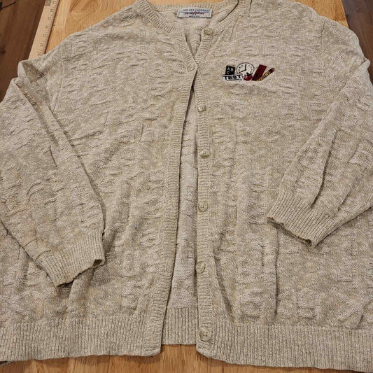 Vintage Sweater School Teacher Theme Embossed ABC 123 Beige Cardigan Large USA