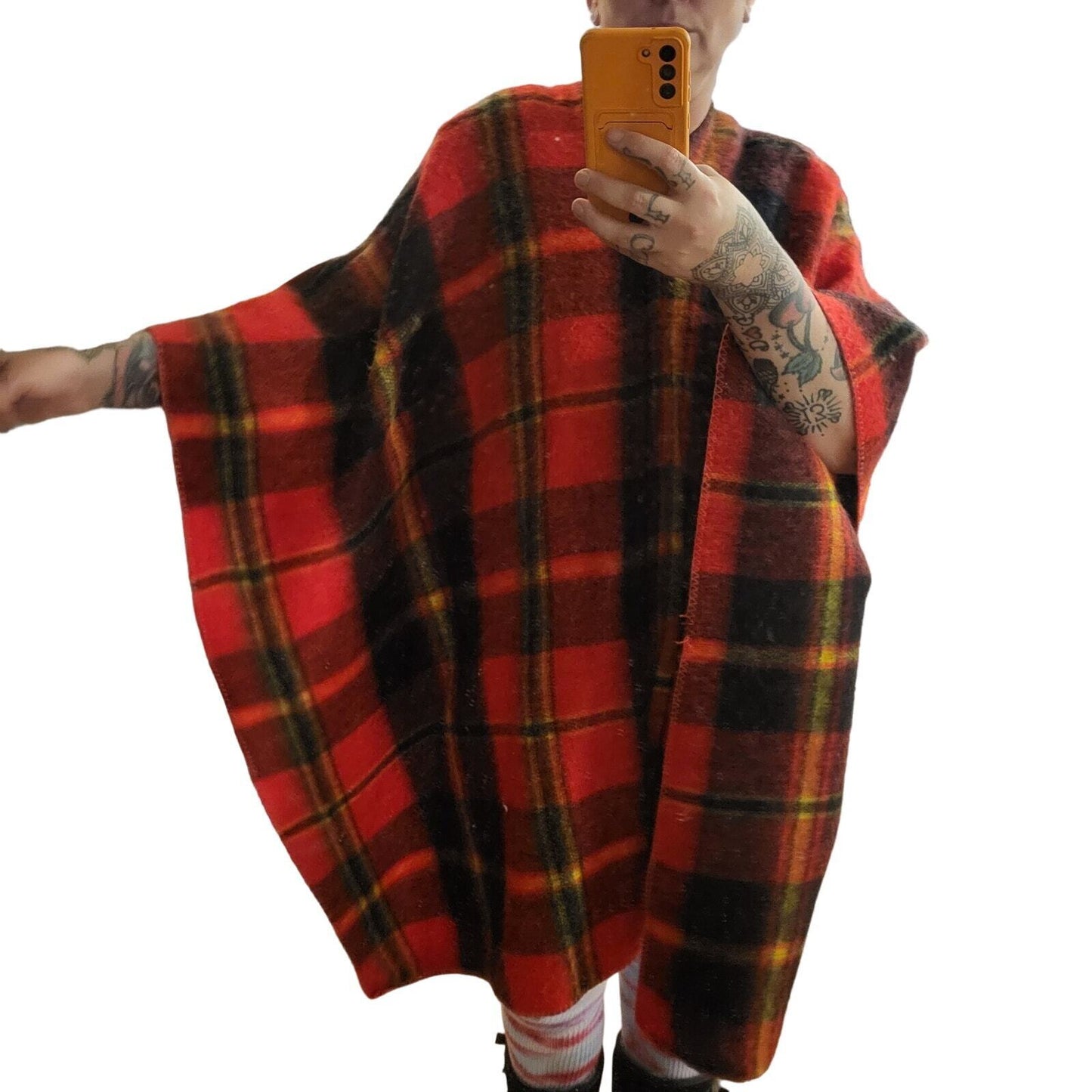 Red Wool Blend Tartan Plaid Poncho Shawl One Size 
