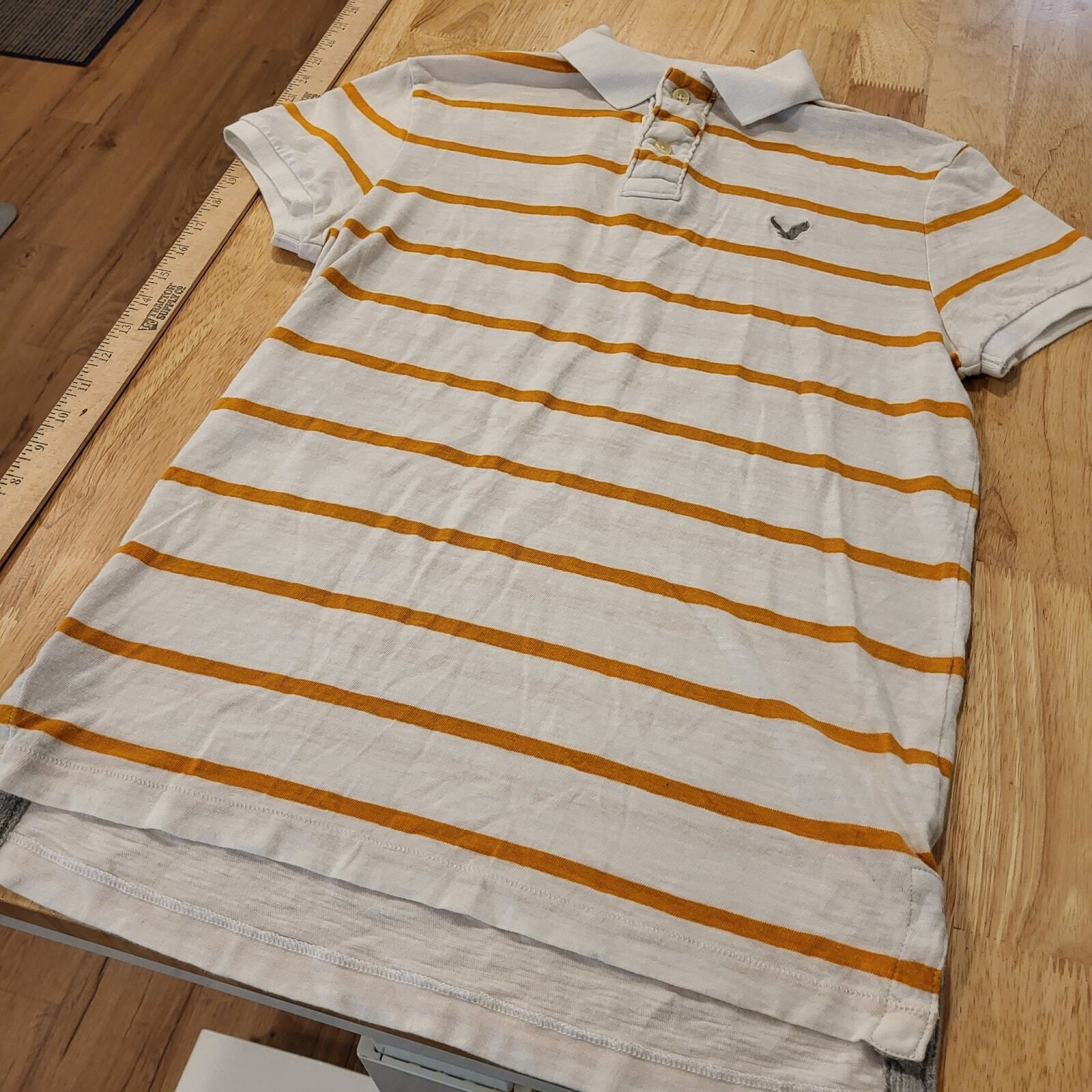 American Eagle Outfitters XS Polo Orange Striped White Collared Short Sleeve