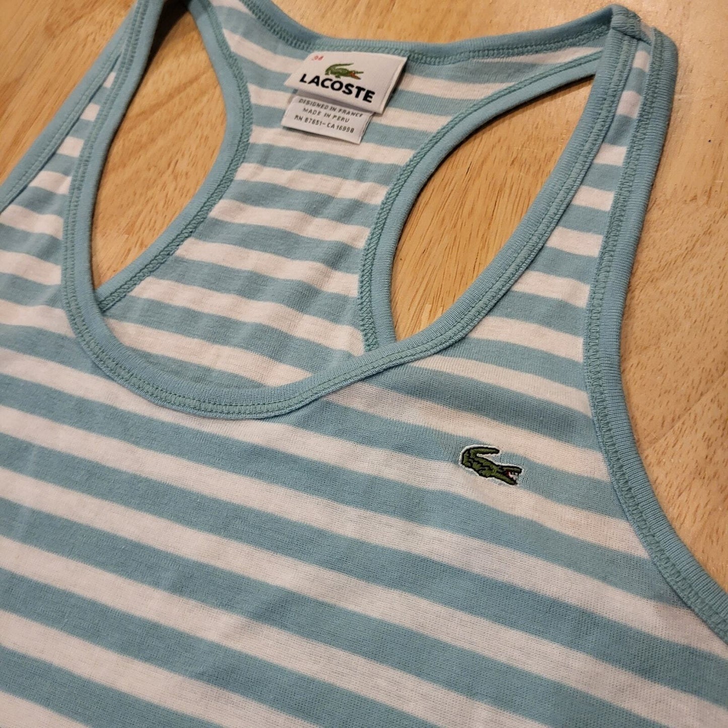 Lacoste sky blue & white dropped size 38 100% cotton tank 13" p2p stretch