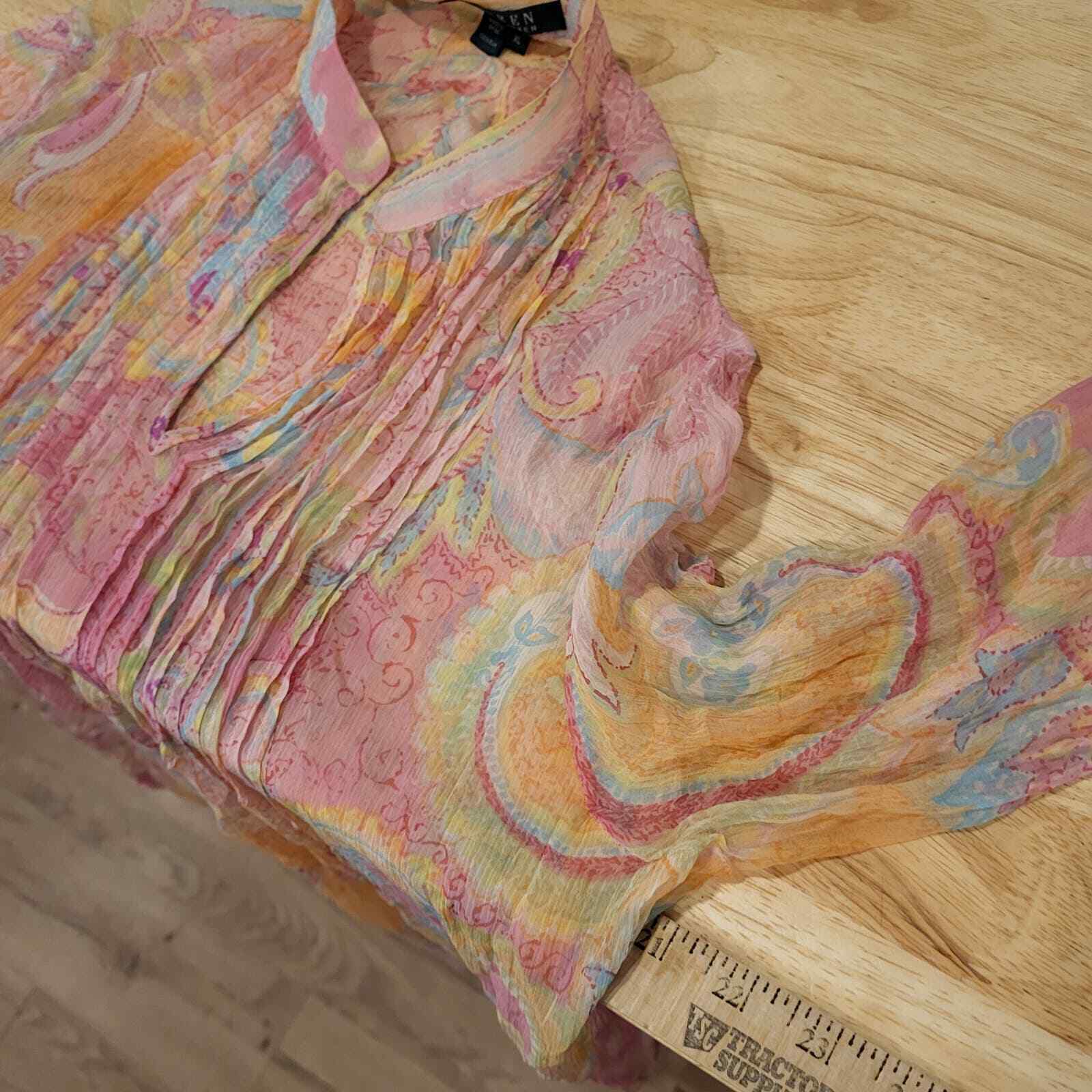 Women's Lauren By Ralph Lauren  100% Silk Pleated Front Mandarin Collar Chiffon 