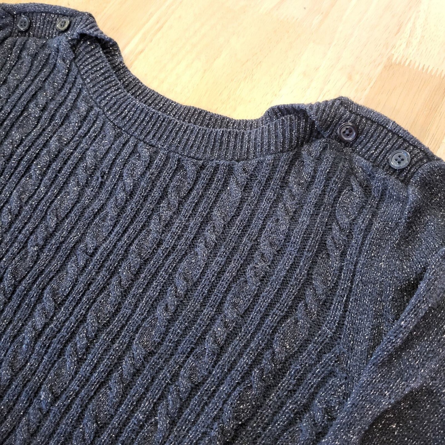 Banana Republic Cotton Angora Blend Black Metallic Cable Knit Sweater Button Med