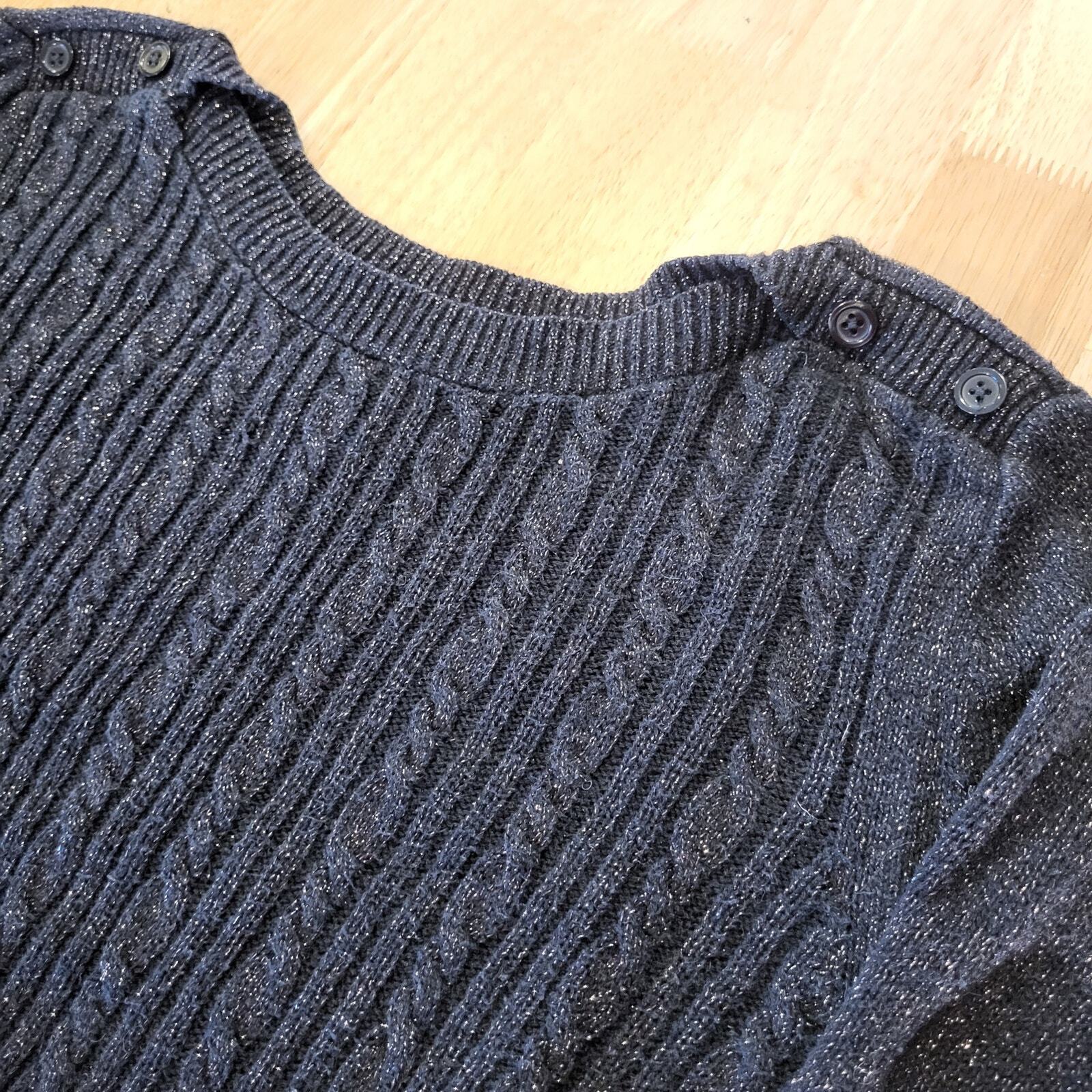 Banana Republic Cotton Angora Blend Black Metallic Cable Knit Sweater Button Med